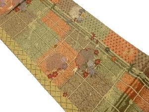 ふくれ織格子に雪輪・笹・桜模様織出し袋帯